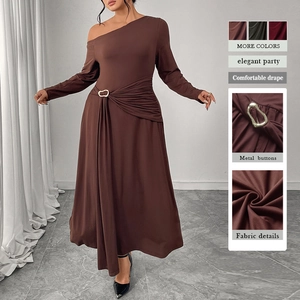 Women's Elegant Plus Size One Shoulder Maxi Dress Long Sleeve Solid Color Waist Metal Buckle Evening Party Banquet Long Dress