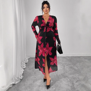 French V-neck floral maxi dress with red lily pattern, long sleeves and side split