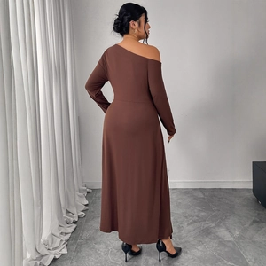 Brown off-shoulder long sleeve maxi dress with slim fit waist and A-line silhouette
