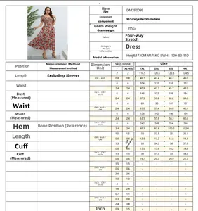 Detailed size chart for plus size floral dress with bust and waist measurements