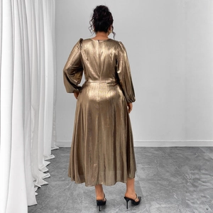 Metallic champagne V-neck pleated dress with lantern sleeves and high waist design