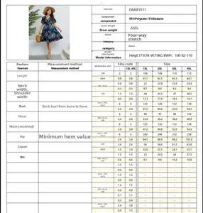 Größentabelle für geblümtes V-Ausschnitt-Kleid mit Stoffdetails und genauen Maßen