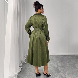 Olive green midi wrap dress with long sleeves and elegant tie waist design