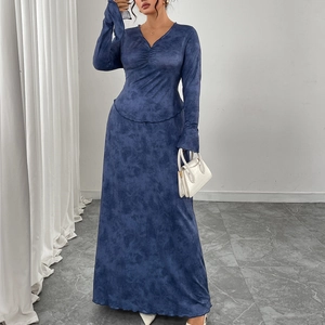 Plus Size Top And Skirt Set For Women V Neck Long Sleeve Marble Print Slim Fit Elegant Banquet Party Outfits Blue High Waist Maxi Outfits