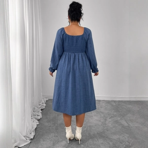 Blue high waist long sleeve dress with square neck and smocked elastic back detail