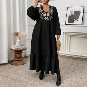 Women Plus Size Black Maxi Dress V Neck Gold Floral Embroidery Lantern Long Sleeve Ruffle Hem Elegant Party Long Dress