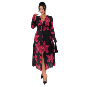 Floral V-neck maxi dress with long sleeves and front slit featuring pink flower patterns