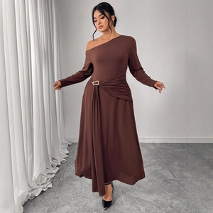 Elegant dark brown one-shoulder long sleeve midi dress with waist buckle and pleated detail