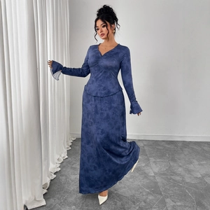 Elegant navy blue marble print dress with V-neckline and long flared sleeves for women