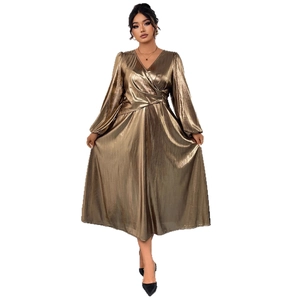 Metallic gold V-neck pleated midi dress with lantern sleeves and a shimmering finish