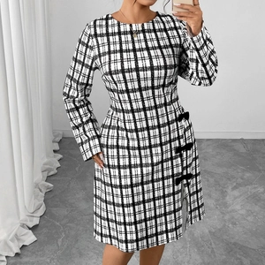 Damen Elegant Schwarz Weiß Karo Tweed Kleid Rundhals Langarm Slim Midi Kleid Mit Schleifen Und Seitenschlitz