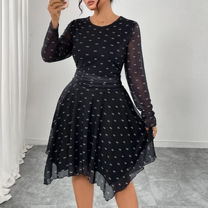 Women Bow Print Chiffon Dress Elegant A-Line Long Sleeve Midi Dress Irregular Hem Hepburn Style Slim Fit Banquet Party