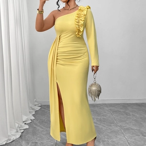Elegant one shoulder yellow evening gown with ruffle sleeve and high slit skirt detail