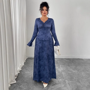 Elegant high-waist A-line maxi dress with V-neck and marble print on dark blue fabric