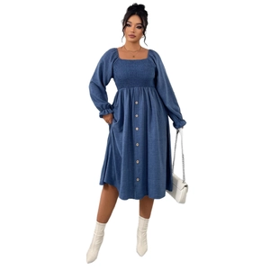 Blue high-waist smocked midi dress with square neck and long lantern sleeves