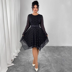 Elegant black A-line chiffon dress with white bow print and high waist belt detail