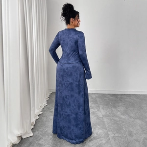 Elegant long sleeve V-neck maxi dress with blue marble print and high waist A-line fit