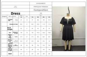 Detailed size chart for plus size black square neck A-line dress with bow tie detail