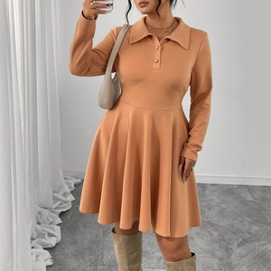 Robe trapèze grande taille à manches longues pour femmes Col polo Taille haute Plissée Doublée de polaire Décontractée Automne Hiver