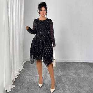 Elegant A-line black chiffon dress with white bow print and irregular hem design