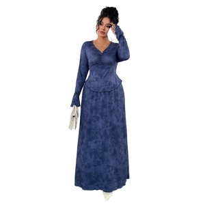 Elegant dark blue V-neck long-sleeved A-line dress with marble texture and pleat details