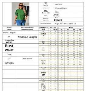 Size chart for green plus size puff sleeve top with measurements from 1XL to 4XL in CM and Inch