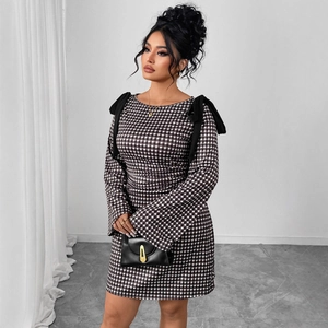 Slim fit plaid maxi dress with bow shoulder detail and elegant flared long sleeves