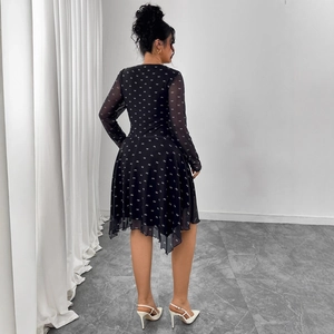 Elegant black A-line dress with white bow print and sheer mesh long sleeves for women