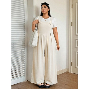 Women Plus Size Jumpsuit And T-Shirt Casual Wide Leg Suspender High Waist Overalls Solid Color Apricot Romper Summer Outfit