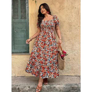 Women Plus Size Floral Maxi Dress French Square Neck Puff Sleeve Smocked Waist Backless Vacation A-Line Ruffle Long Skirt