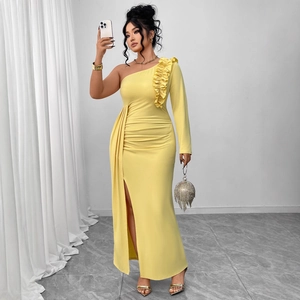 Elegant One-Shoulder Yellow Ruffle Maxi Dress High Slit Long Sleeve Bodycon Evening Gown Women Formal Banquet Party Prom Fashion