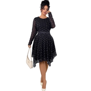 Elegant black A-line chiffon dress with white bow print and sheer mesh sleeves