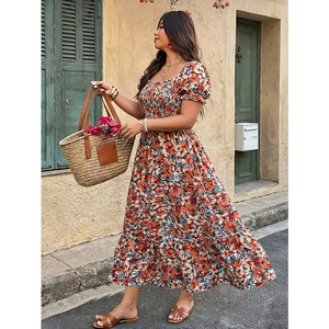 French square neck floral maxi dress with puff sleeves and smocked waist for summer vacation