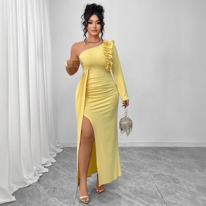 Elegant one-shoulder yellow evening dress with ruffle detail and sexy high leg split