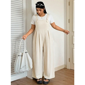 Women's beige loose wide leg overalls with V-shaped pleats and casual strap design