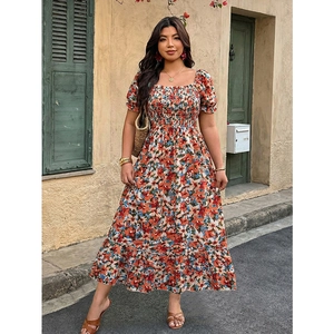Floral square neck maxi dress with puff sleeves and backless design for summer vacations
