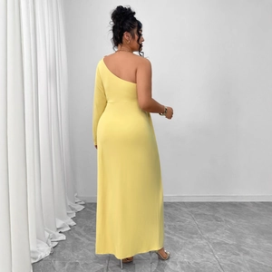 Elegant one-shoulder yellow evening dress with ruffle detail and high slit for formal events