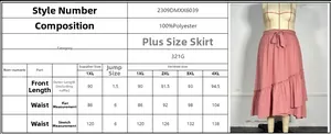 Size chart and measurement guide for women plus size pink ruffled tiered maxi skirt