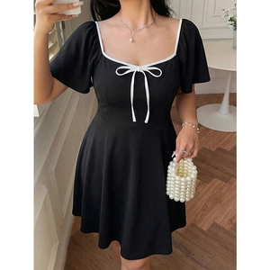 Plus Size Women Black A-Line Dress Elegant Square Neck White Contrast Trim Bow Short Butterfly Sleeve Midi Dress