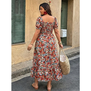 Plus size floral maxi dress with puff sleeves and smocked waist for summer vacation