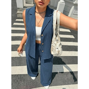 Ensemble Haut Et Bas Grandes Tailles Pour Femmes Mélange De Coton Gilet Sans Manches Et Pantalon Large Tenue Élégante Bleu Marine
