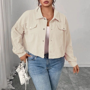 Women's off-white corduroy short jacket with lapel collar and lantern sleeves in casual style