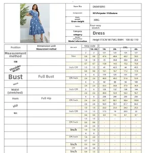 Größentabelle für blaues Polka-Dot-Midikleid mit V-Ausschnitt und Rüschendetails