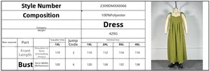 Size chart for oversized blue striped dress with 100% polyester fabric details