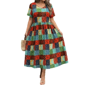 Bohemian V-neck short sleeve dress with colorful checkered print and button detail