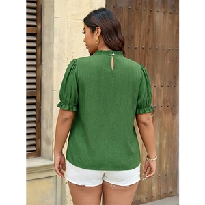 Elegant dark green textured short sleeve top with ruffle stand collar and puff sleeves