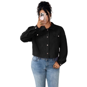 Women's black corduroy short jacket with button-down front and lapel collar