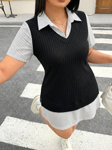 Dettaglio della maglia del gilet e del tessuto dell'abito a camicia a righe del set