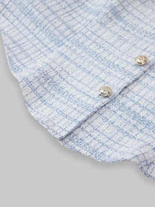 Detail of tweed fabric and golden lion head buttons on a light blue fashion set