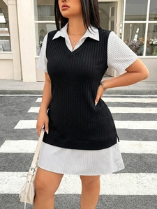 Dettaglio di gilet in maglia con scollo a V e abito a camicia a righe in stile 2 in 1
